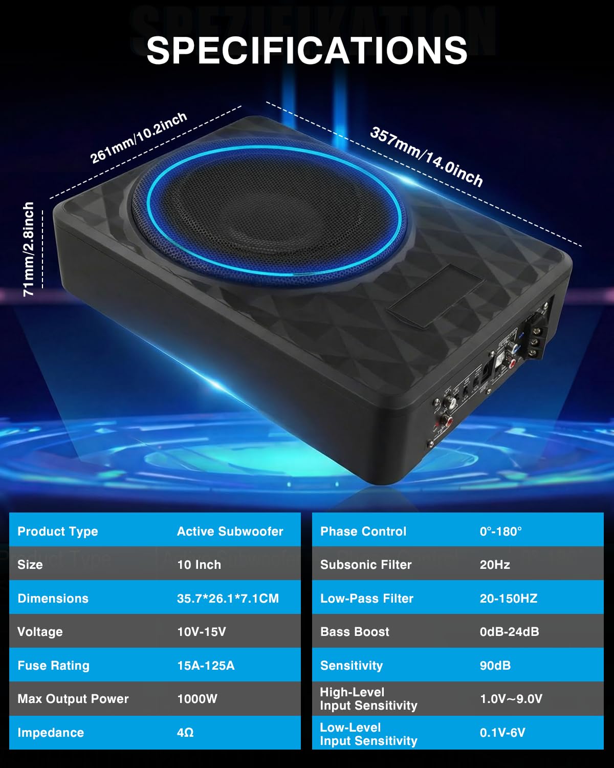 Subwoofer Activo, Apto para Coches y Camiones, Subwoofer Ultraplano para Coche, con Amplificador Integrado, Montable Debajo de los Asientos, Potencia Máxima de 1000 W, Subwoofer Compacto