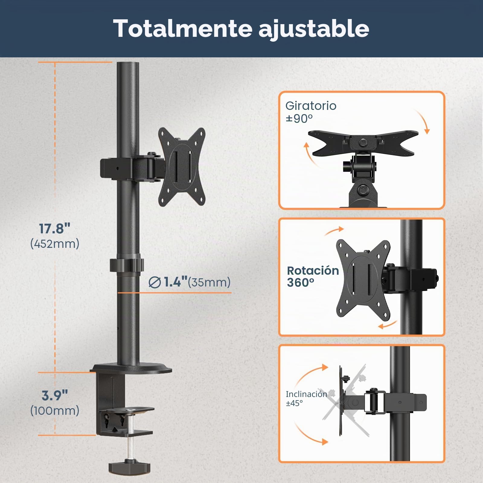 PUTORSEN Soporte para Monitores y TVs LCD LED 17-42 Pulgadas, Brazo con Altura Ajustable, Movimiento de Inclinación y Giro, Carga Máxima 12kg, VESA 75x75 a 200x200mm