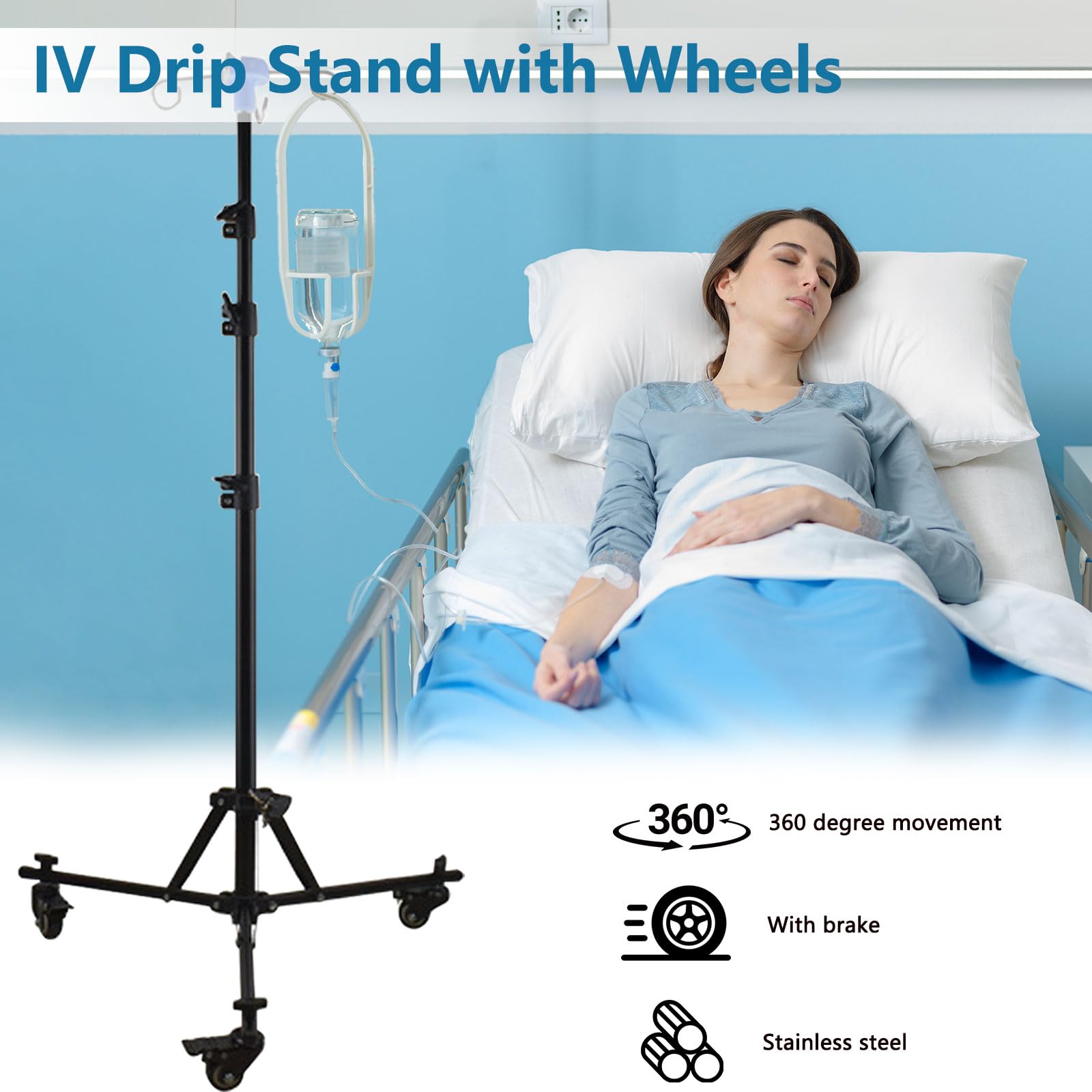 Support à perfusion avec roulettes, pliable et mobile, hauteur réglable de 90 à 190 cm, 4 crochets rotatifs à 180 °, avec 3 poches en filet, sac de transport et roulettes de frein - Porte-perfusion