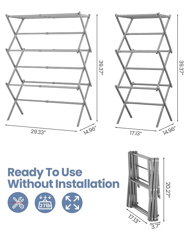 APEXCHASER Clothes Drying Rack, 3-Tier Laundry Drying Rack for Clothes, Expandable Metal Clothing Dryer, Collapsible Towel Rack, Air Drying Rack, Grey by APEXCHASER - Used condition - Image 2