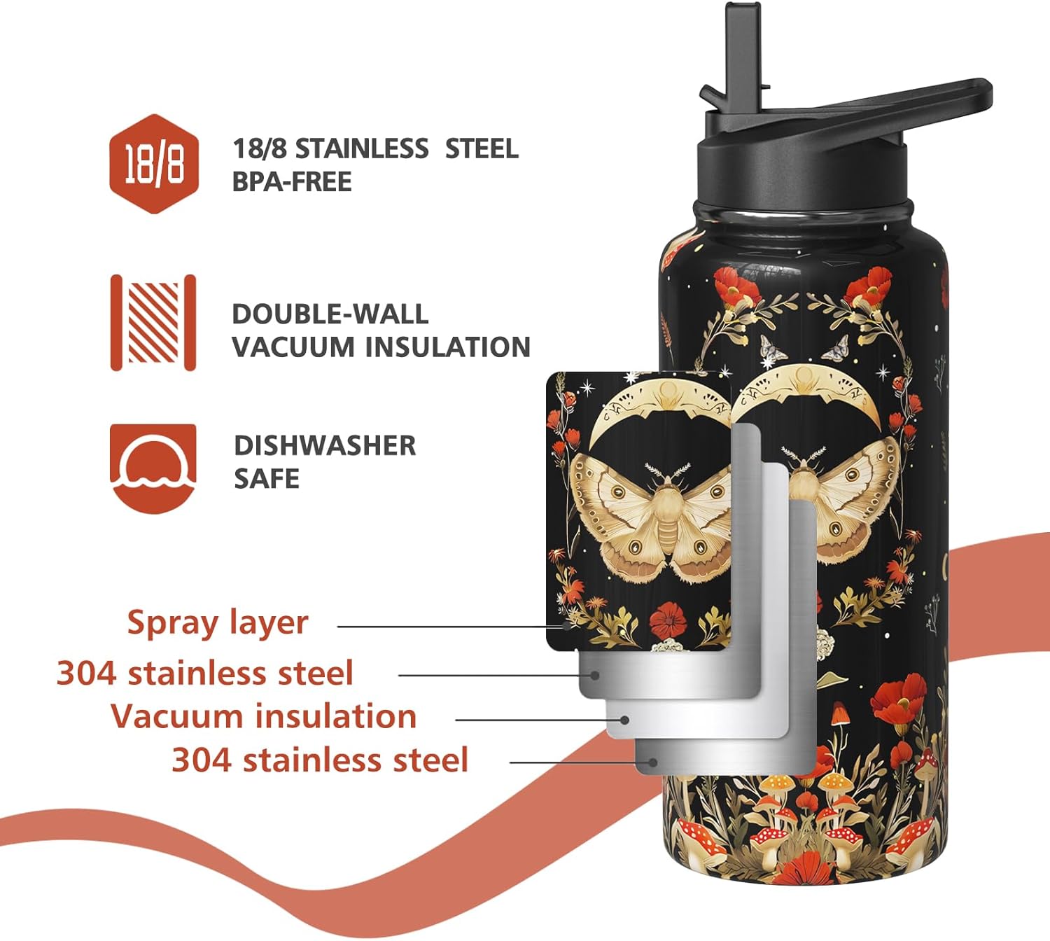 Goth Gifts 18oz Sport Water Bottle with Flip Straw & Spout Lid, Gothic Poppy Moth Stainless Steel Insulated Gym Water Bottle, Mushroom Moon Gifts for Women Men (1 PC)