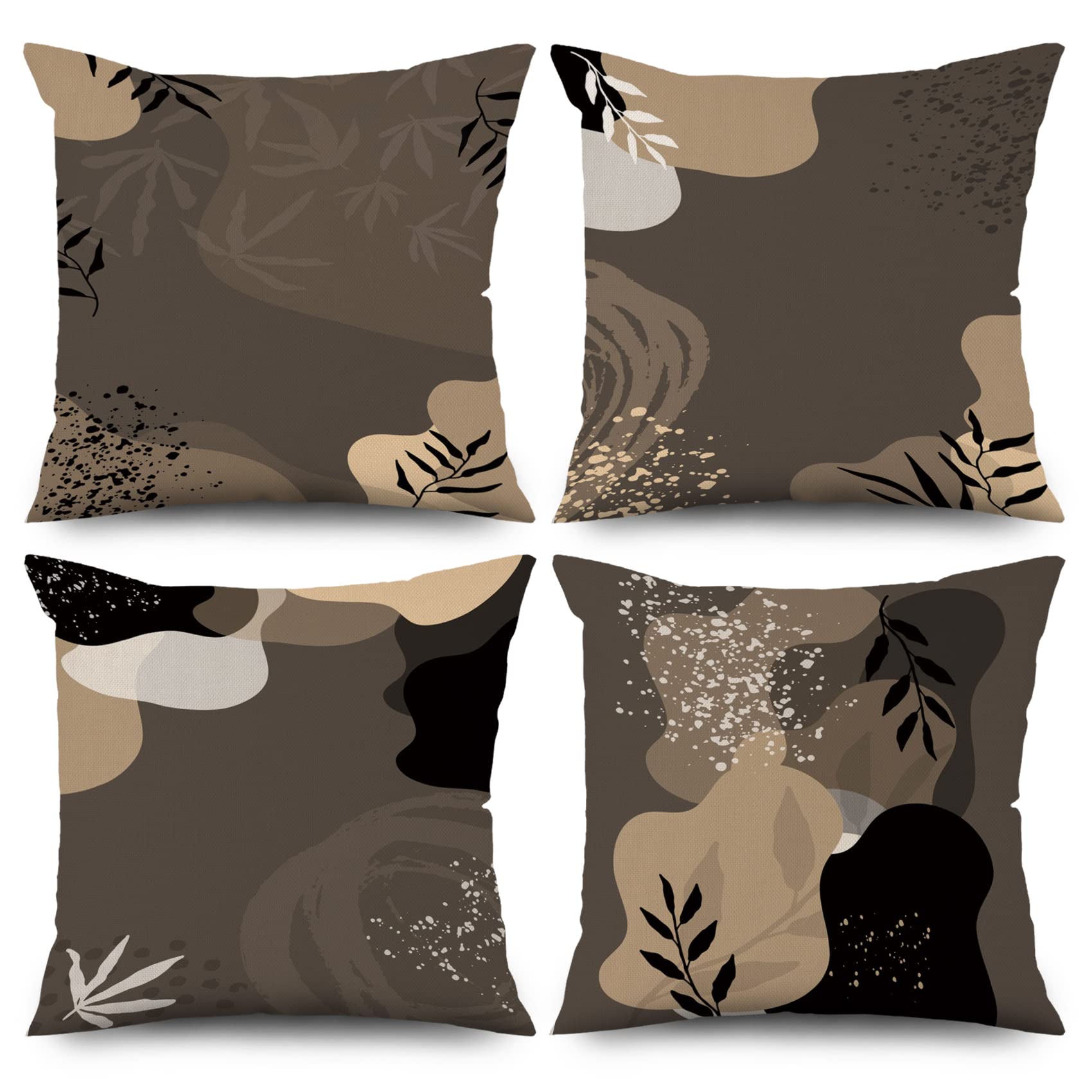 Housses de coussin boho 50x50 cm art abstrait feuilles marron lin lavable