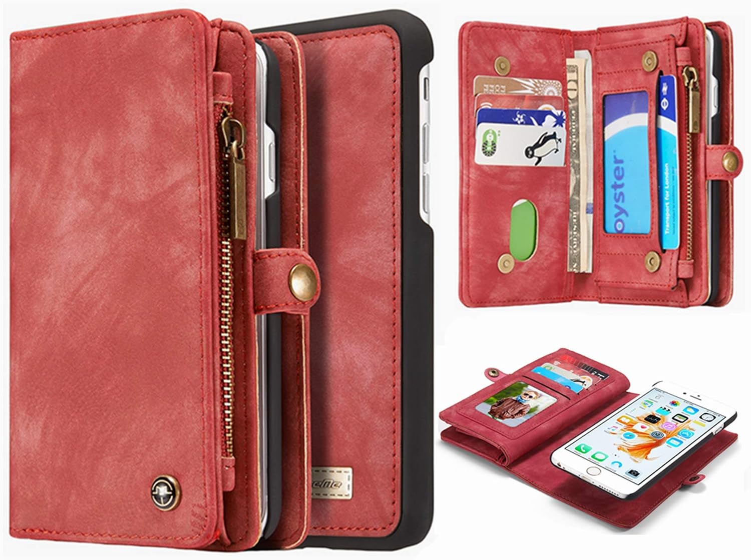 Hynice iPhone 6 Plus iPhone 6S Plus Detachable Wallet Case, Leather Purse for Women with Card Slots Zipper Pocket Removable Shockproof Shell Cover for iPhone 6 Plus 6S Plus 5.5(Red008)