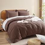 NEXHOME PRO Duvet Cover Queen Size, 100% Washed Cotton Linen Feel Textured Organic Natural Duvet Cover Set, 3 Pieces Bedding Set with Zipper Closure, Breathable, Soft, Dark Brown (No Comforter)