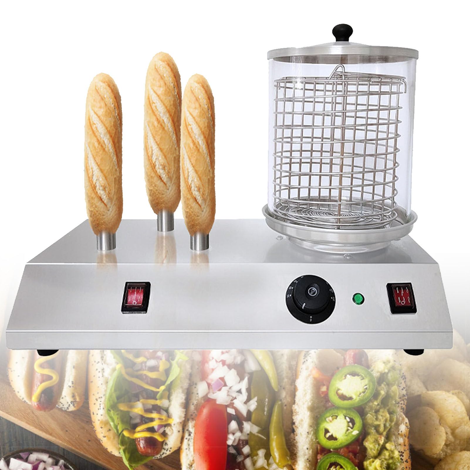 2-in-1-Hot-Dog-Maschine und Brötchenwärmer, elektrischer Hot-Dog-Dampfgarer, Hot-Dog-Maschine und Brötchenwärmer aus Edelstahl mit Temperaturregelung für Ladenrestaurants,3