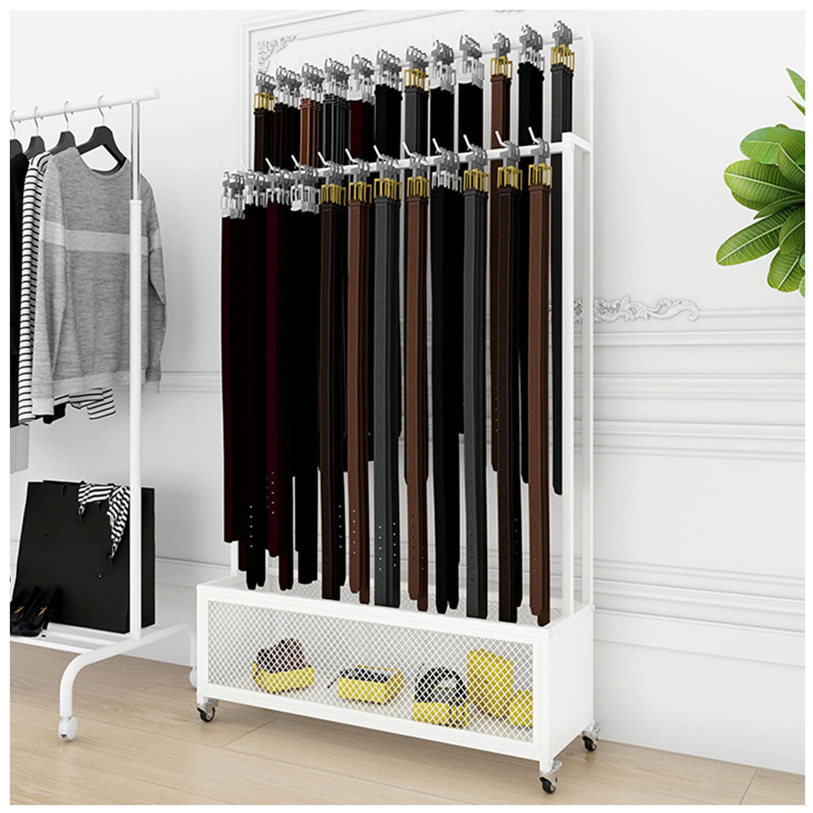 YNBSHGAA Floor Standing Belt Hanger Belt Display Rack, Closet Belt Organizer for Men or Women, Metal Scarf Stand Shawls Purse Shelf Retail Tie Holder, Commercial Metal Rolling Bel,White-70x30x156CM