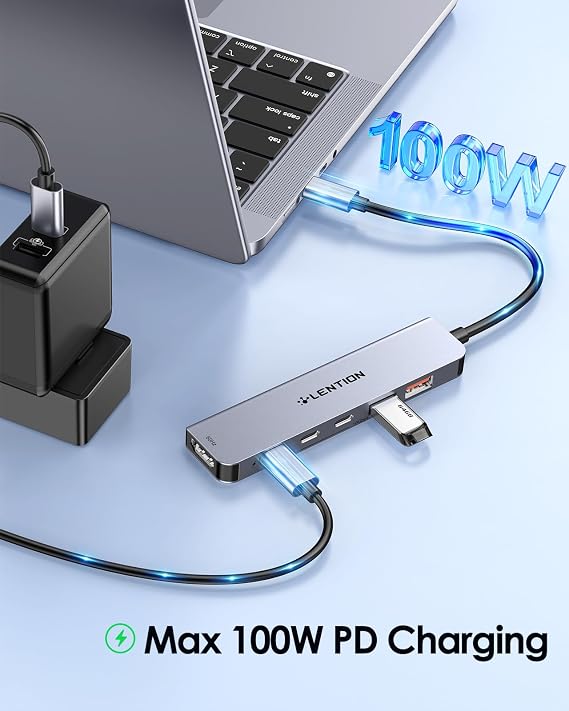 LENTION 6-in-1 USB C Hub 10Gbps, USB 3.2 Gen 2 High Speed Hub with 4K HDMI, 100W PD Charging, 2 USB-C & 2 USB-A Ports, Multiport Adapter for MacBook Pro/Air/Neo, iPad Pro/Air, iPhone (CE37,Grey)