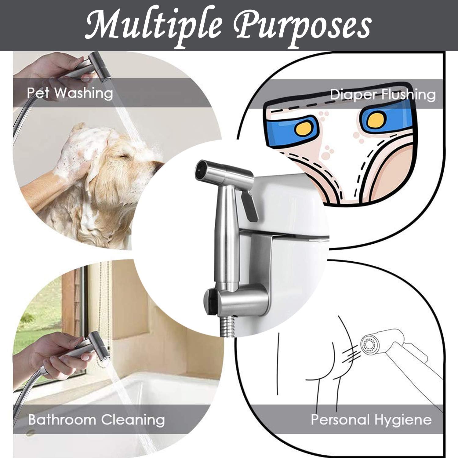 Bidet Sprayer Head with Hook,Stainless Steel Handheld Bidet Spraye r, Baby Cloth Diaper s Prayer, Save Water, Ergonomic Design, Perfect for Bathroom Cleaning and Personal Hygiene