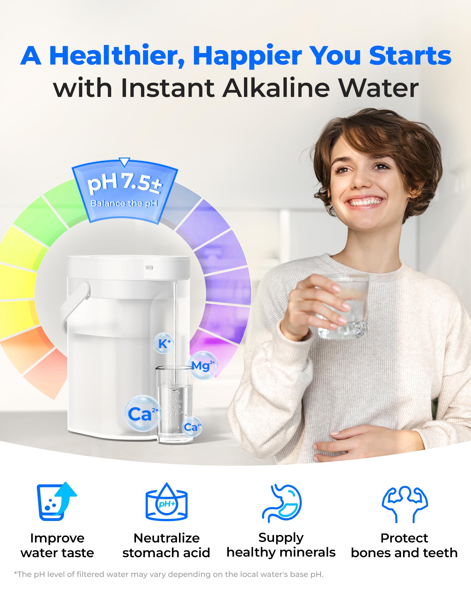 Waterdrop Alkaliczny filtr do wody, możliwość ponownego ładowania, 3,5 l, 6-stopniowy, elektryczny dzbanek na wodę, zdrowa mineralizowana woda alkaliczna, przenośny blat filtrujący wodę, nie redukuje
