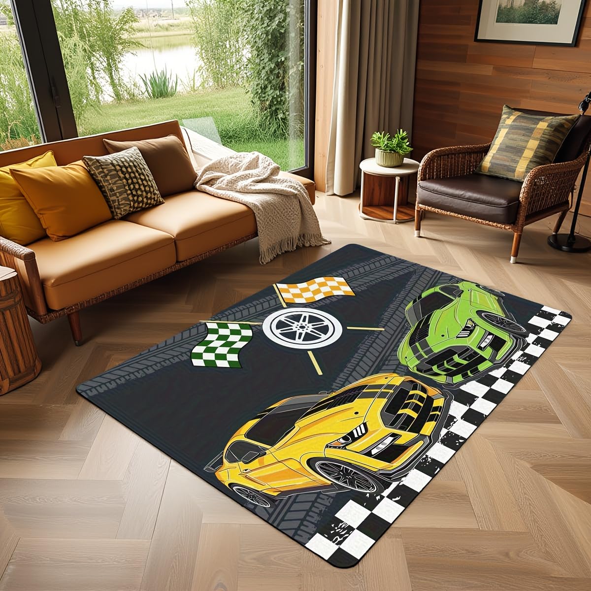 Racing Car Area Rug 3x5,Street Style Grid Flag Extreme Sport Non Shedding Decorative Throw Rug for Kids Boys Girls,Plaid Geometric Yellow Green Non