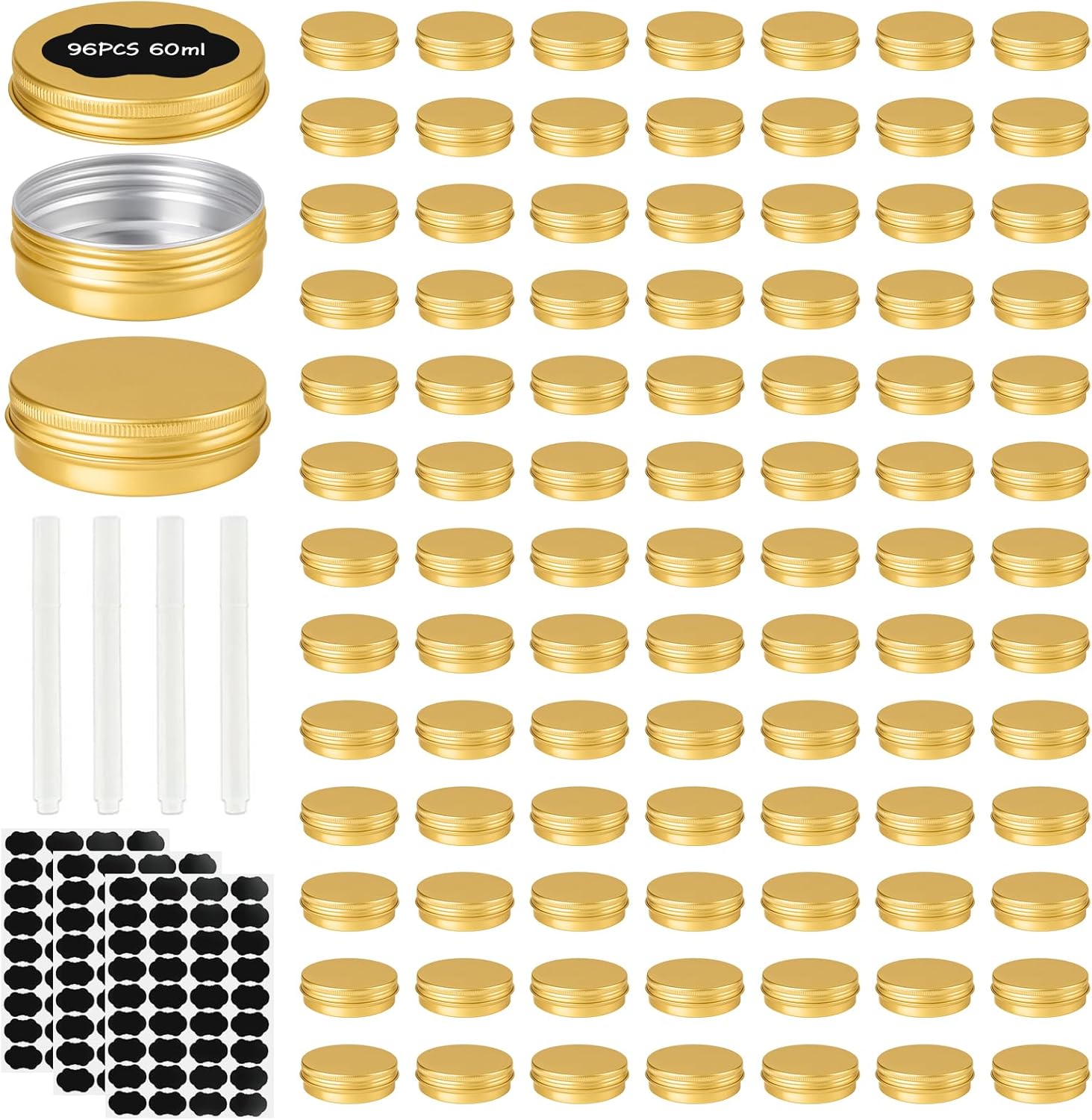 96 Pack Round Cans with Screw Lid 2 Oz Aluminum Metal Tins DIY Food Candle Containers for Lotion Bars, Balms, Salve, Spices, Beard Balm, Crafts with 4 Markers 3 Sheets Label Stickers (Gold)