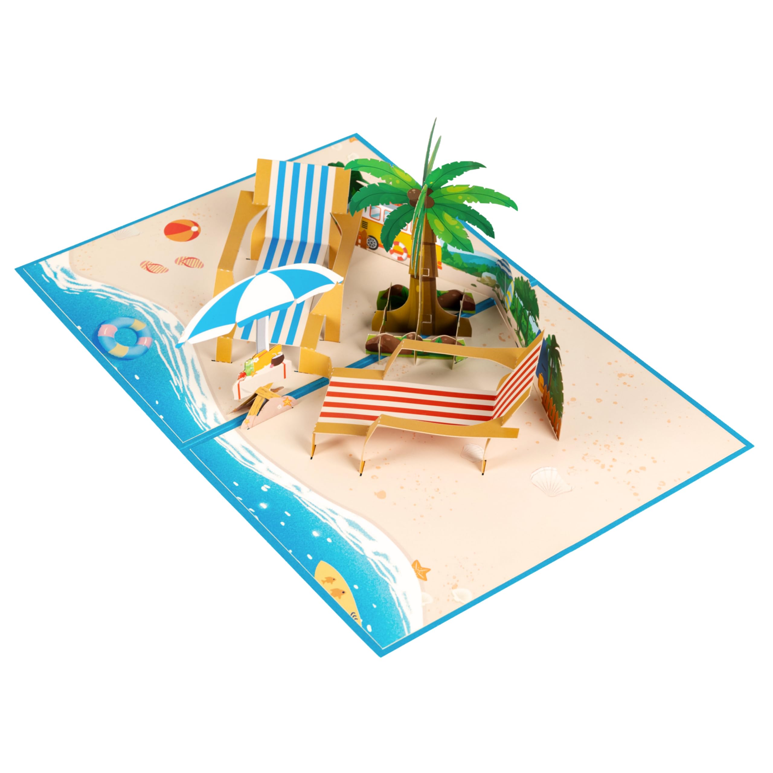 Kartka pop-up plaża – leżaki 3D i palma | idealna kartka na lato i urlop na urodziny | w zestawie koperta