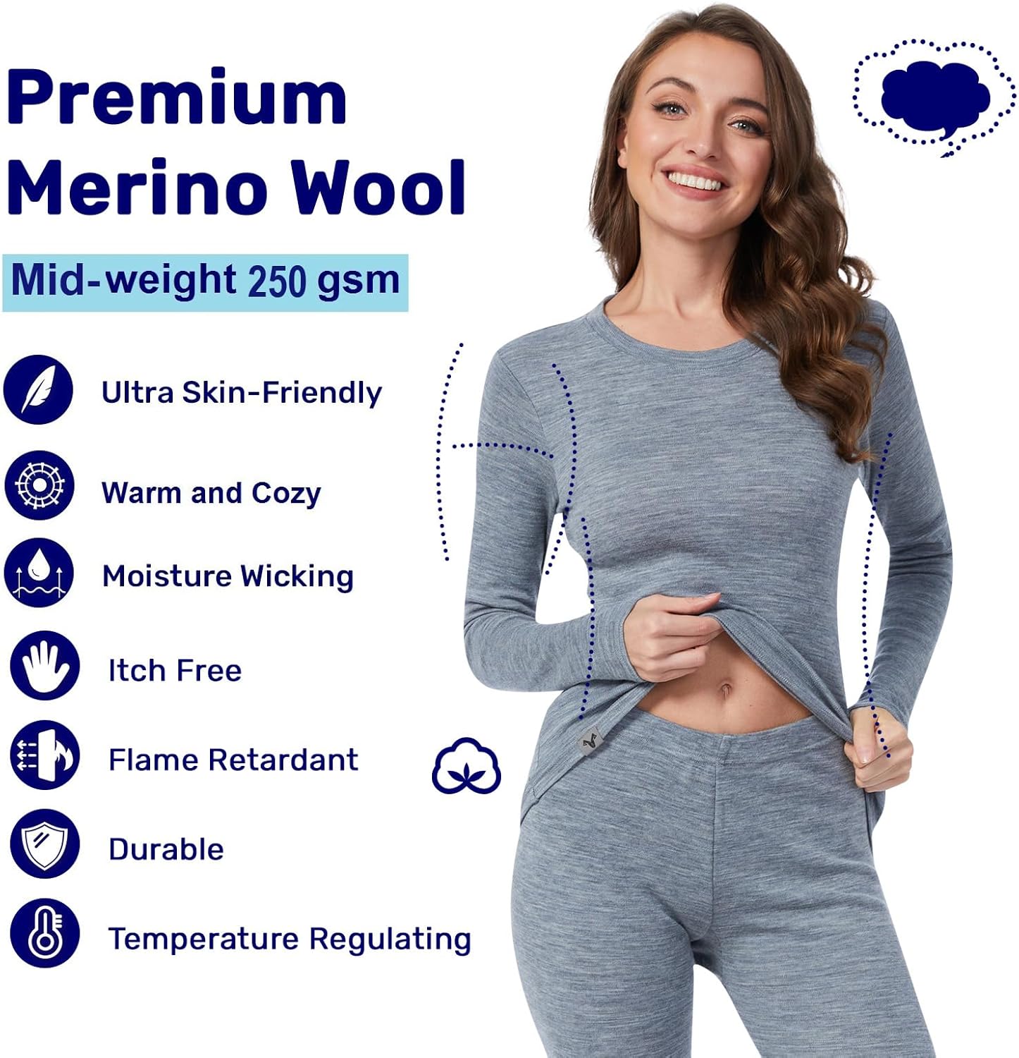 MERINNOVATION Size M Merino Wool Base Layer Set for Women Size Medium 100% Merino Wool Thermal Underwear Sets Midweight Top Bottom