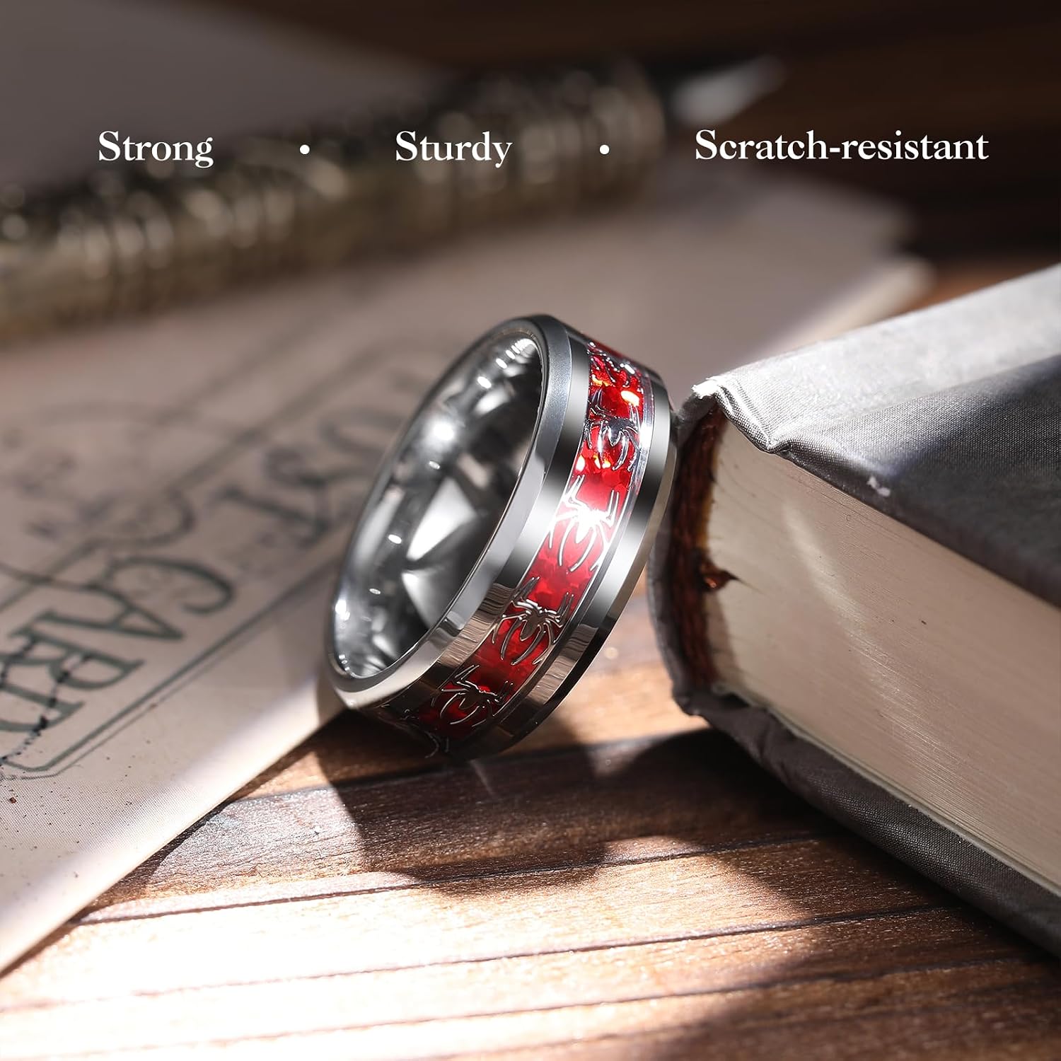 King Will Tungsten Carbide Wedding Band for Men - 8mm Black High Polished Inlay Spider for Everyday Wear Comfort Fit