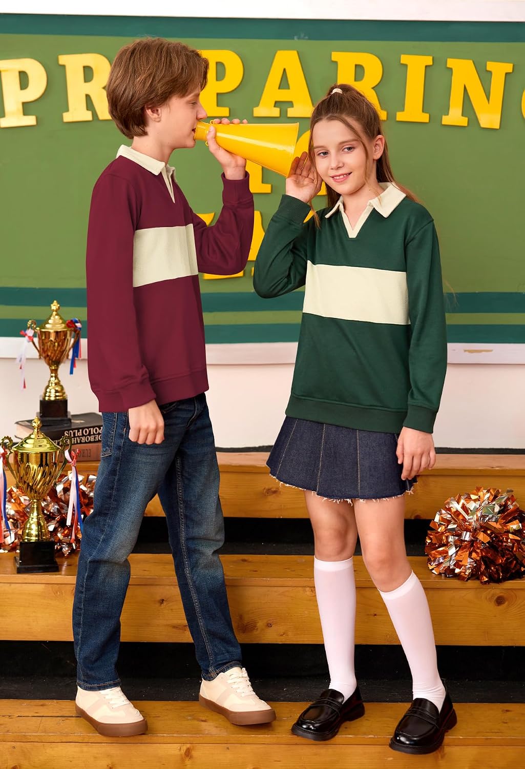 Boys V-Neck Rugby Sweatshirts Color Block Polo Shirts for School