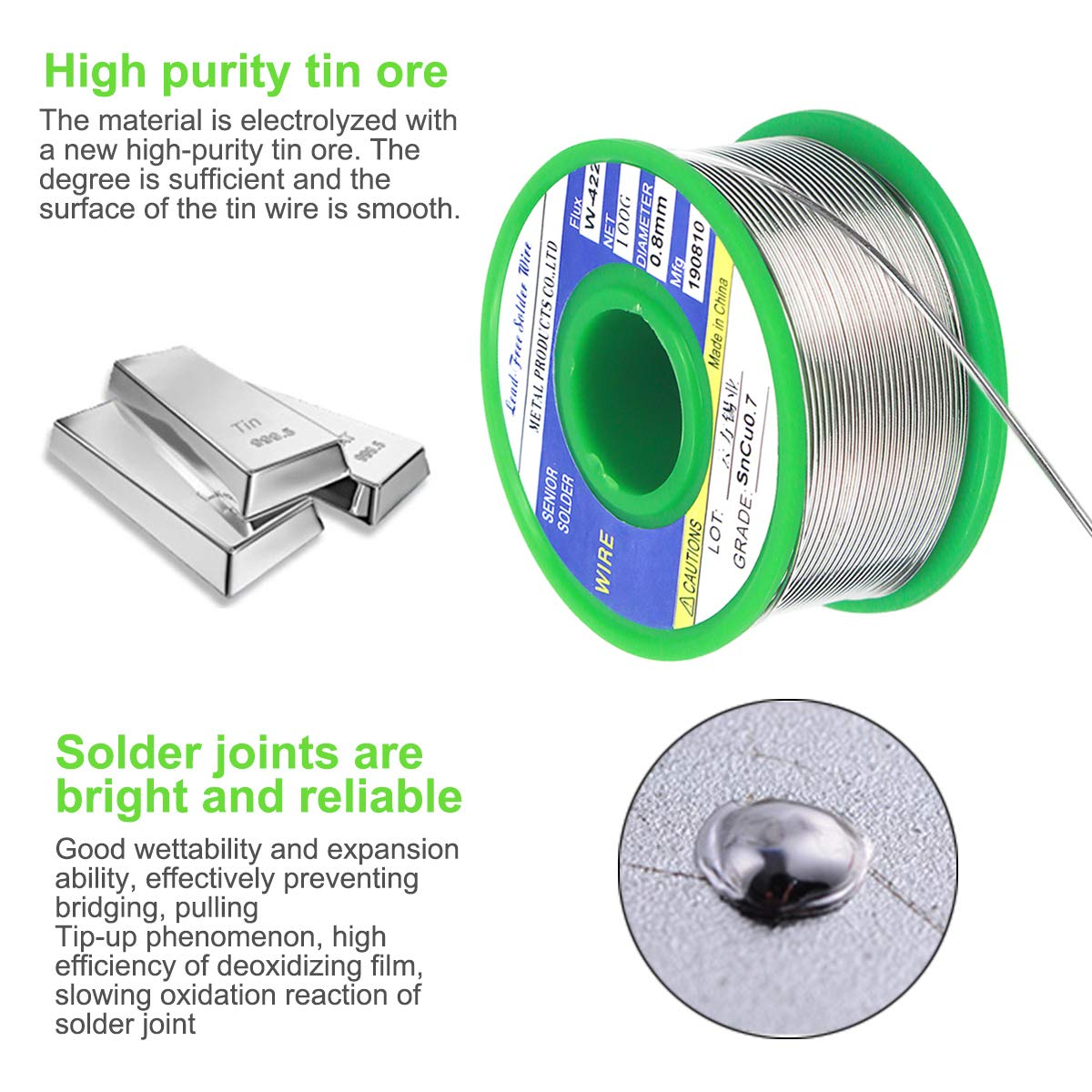 Filo di Saldatura Senza Piombo 0,8 mm, Stagno per Saldare con Anima di Colofonia 100g, Filo per Saldatura Elettrica Sn 99,3% Cu 0,7%, Filo Stagno per Lavori di Saldatura Elettronica