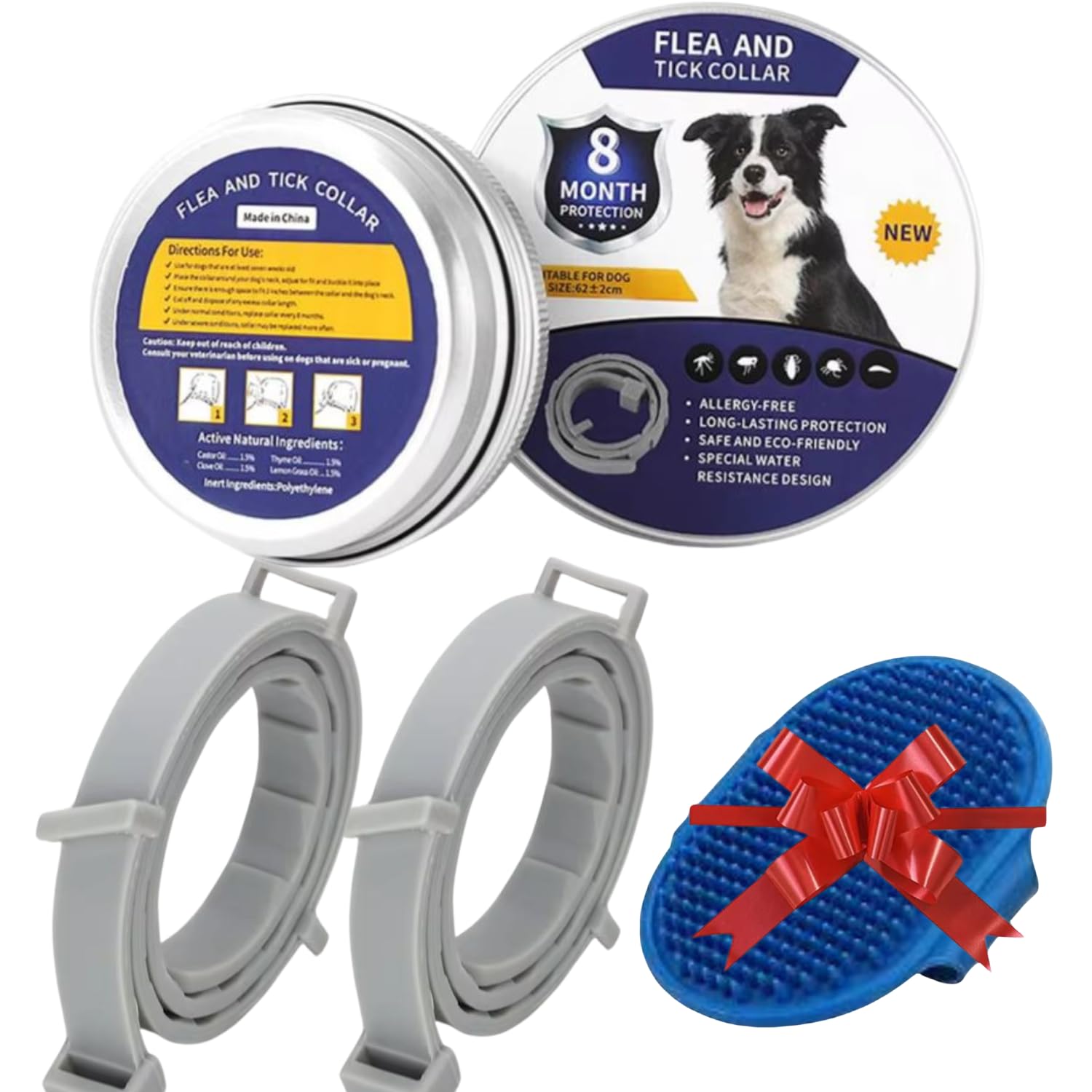 najiblife Collar antiparasitario Perros Gatos, Collar Perro Anti alérgico, Anti pulgas y garrapatas, Collar para Perro Grande 63 x 1,3 cm Ajustable, con un Cepillo masajeador de Regalo. Dos Unidades