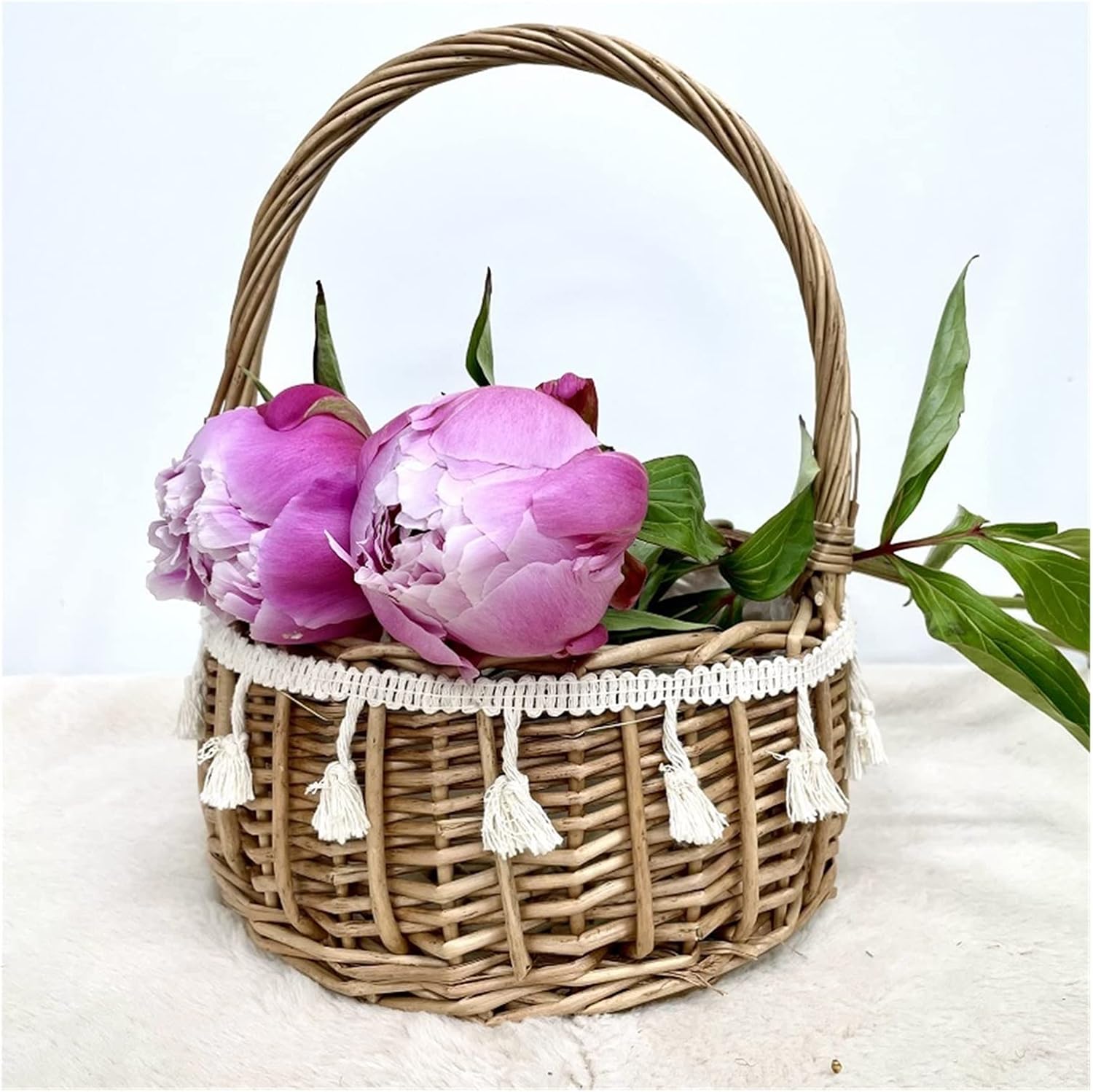 HBJWOV Rattan Tassel Lace Princess Basket Handbag Floral Flower Arrangement Picnic Girl Hand Gift