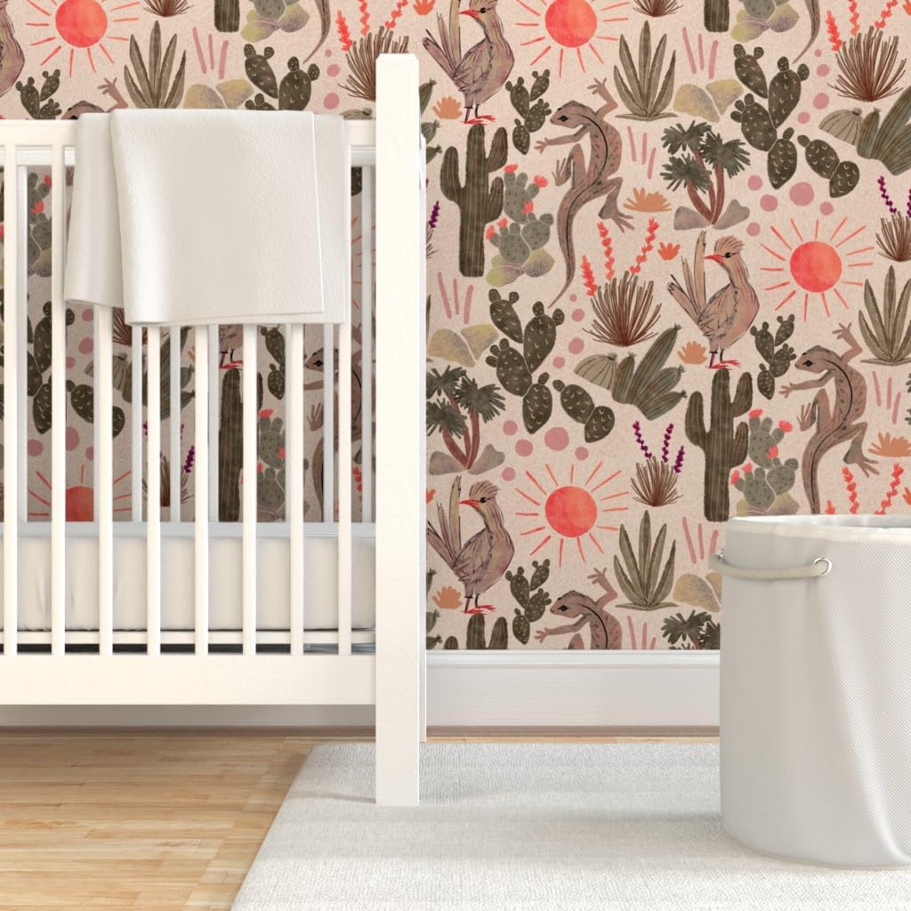 Peel & Stick Wallpaper 3ft x 2ft - Desert Earth Tones Sun Lizards Cactus Garden Southwestern Custom Removable Wallpaper by Spoonflower