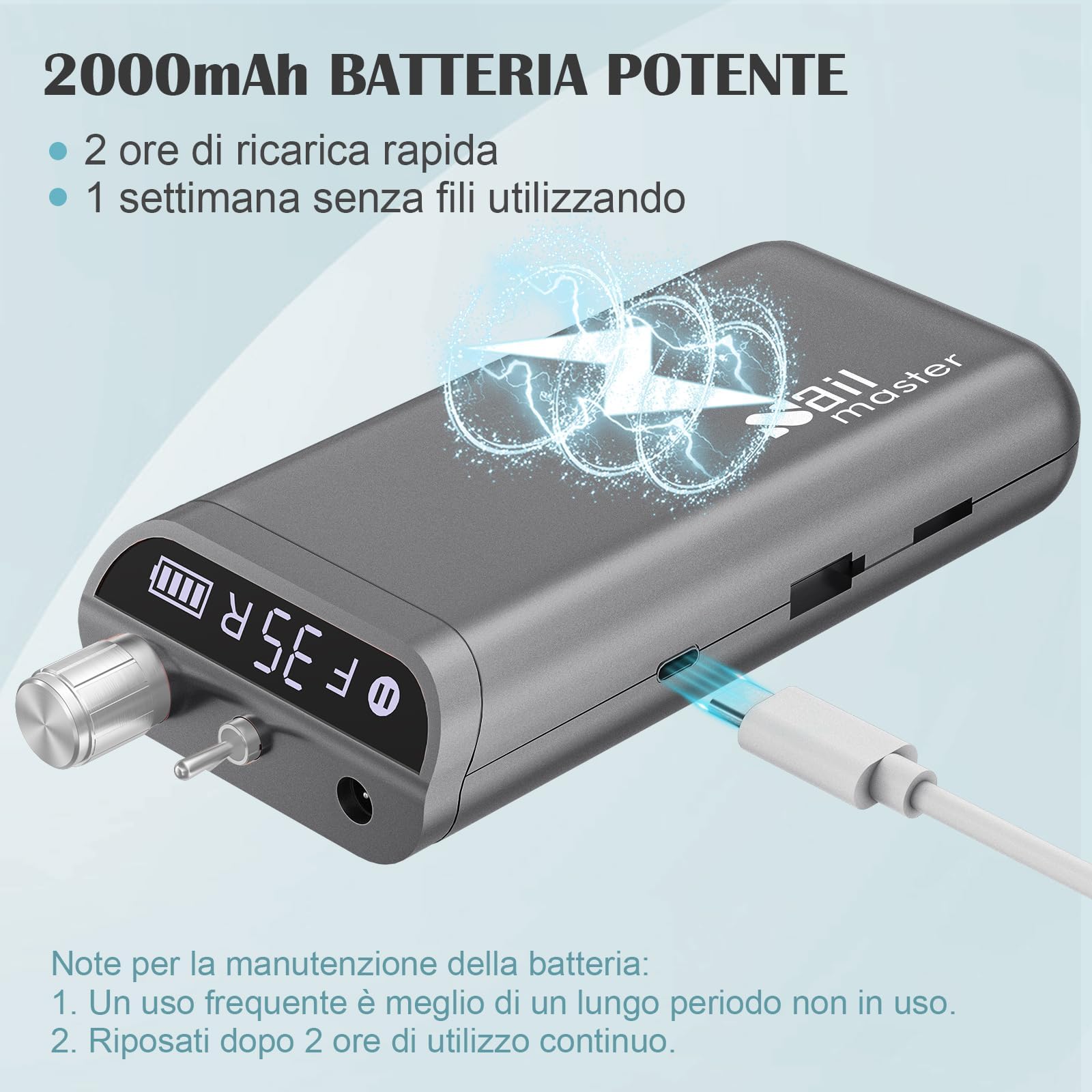 Kredioo Fresa per Unghie Professionale 35000RPM, Portatile e Ricaricabile, Trapano Elettrico, Rimozione Gel/Smalto, Lima Elettrica per Manicure e Pedicure, Kit 10 Punte Fresa Unghie, LED, Grigio