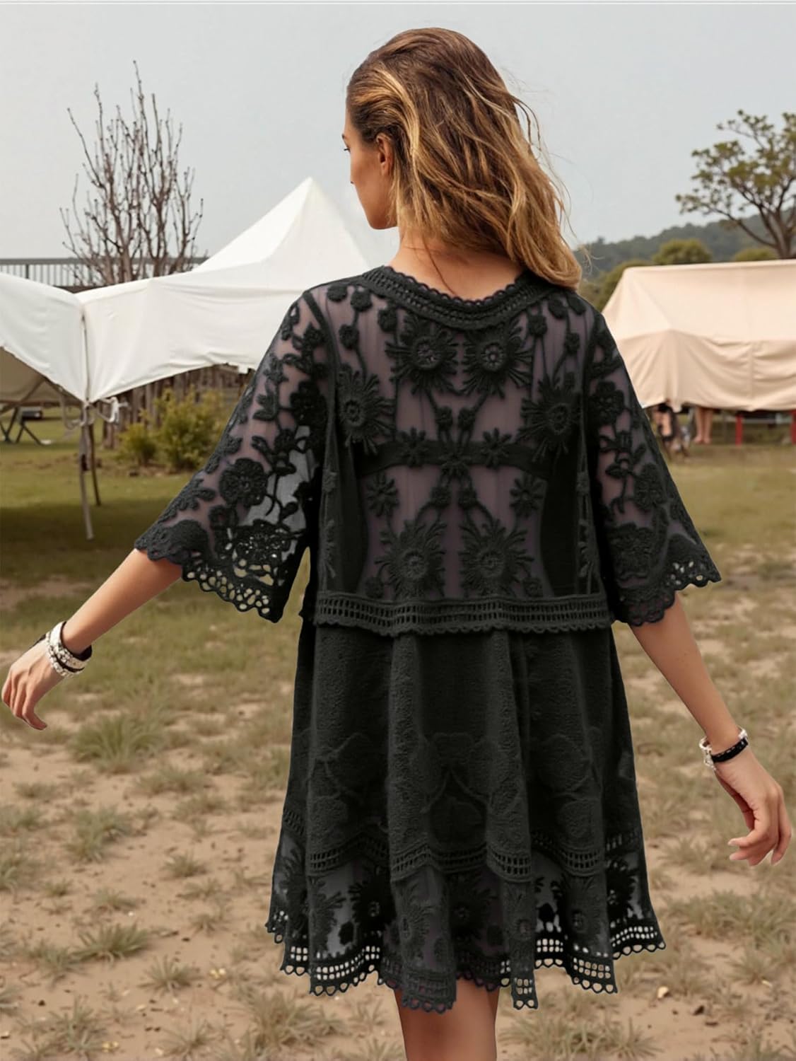 Eomenie Women's Contrast Lace Bathing Suit Cover Up V-Neck Swimsuit Coverups Loose Swimwear Beach Dress Beachwear - Image 2