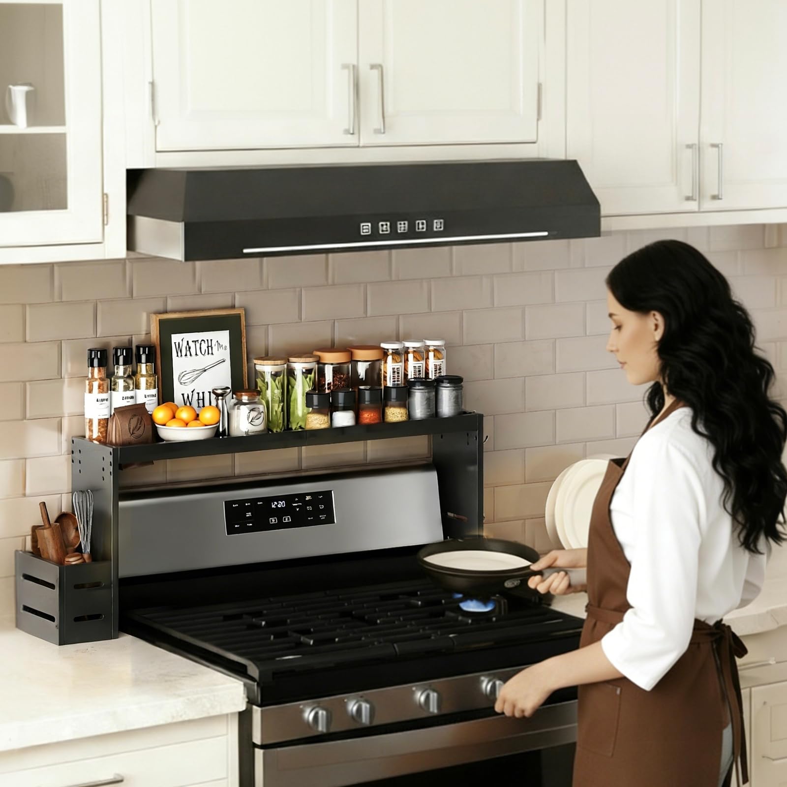 Bamboo Stove Top Spice Rack Organizer, Over The Stove Shelf 31 in Countertop Storage with Utensil Holder, 6 Hooks, Fit Stove, Kitchen Counter, Stove Top Shelf for Spice, Jar, Cooking Tool Black - 3