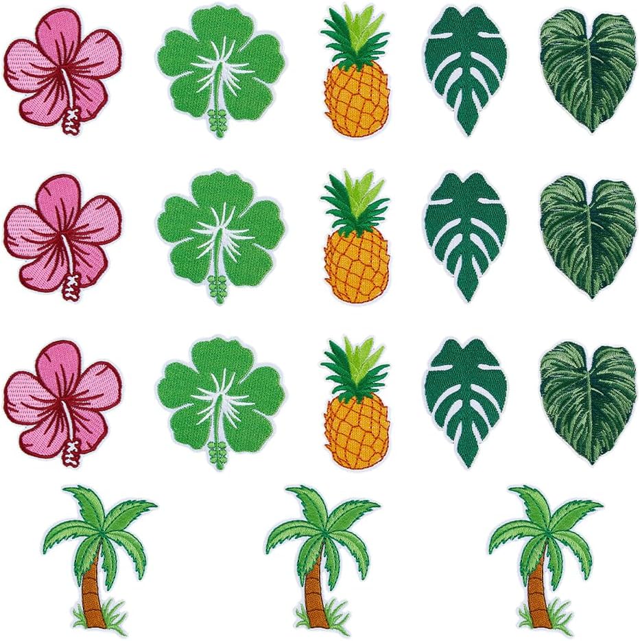 18Pcs Hawaii Embroidered Applique Summer Iron On Patches Cute Hibiscus Flowers Pineapple Monstera Leaf Repair Applique for Clothing Jacket Jeans Dress Backpack Hat Decorations