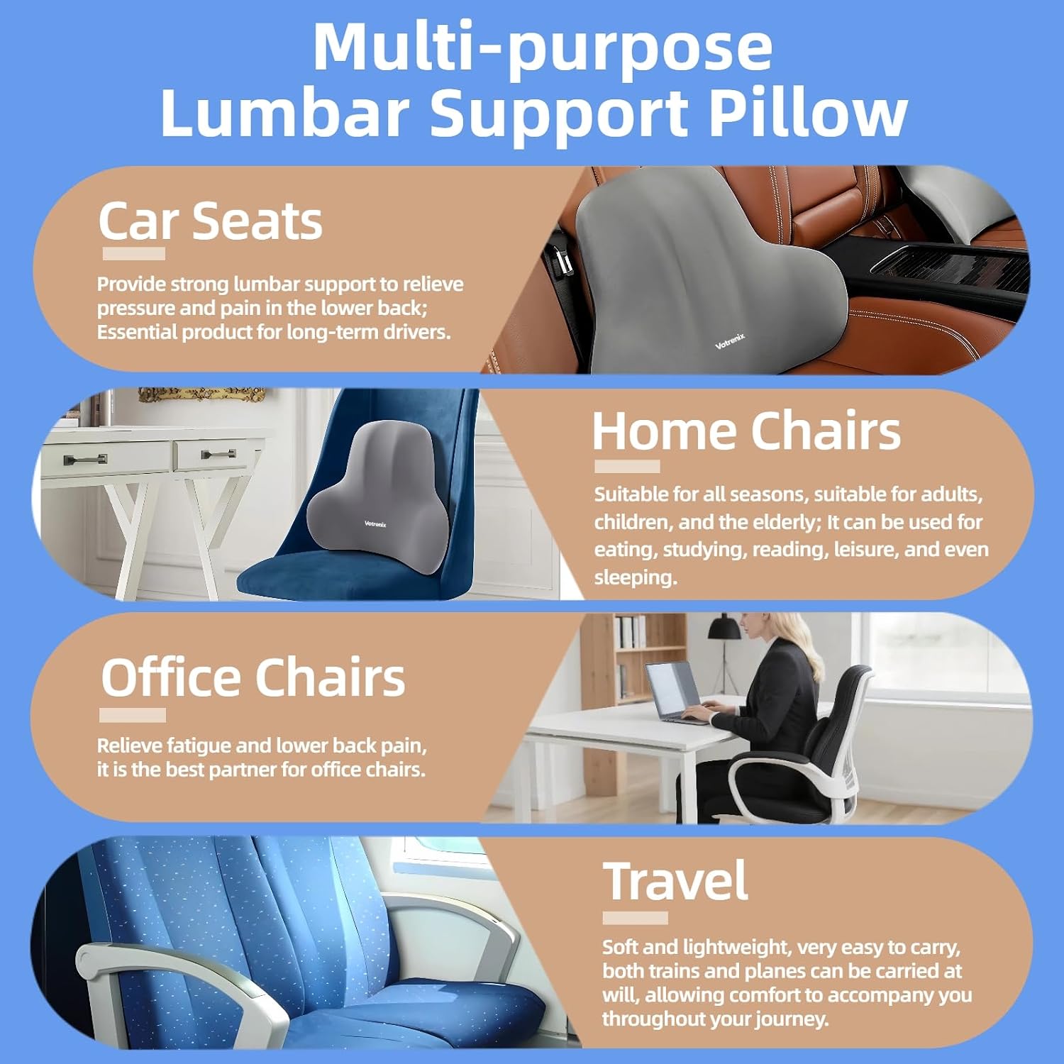 Ergonomic Lumbar Support Pillow for Office Chair and Car Seat, Perfectly Balanced Memory Foam for Back Pain Relief and Improve Posture, Sedentary People Essentials (Gray)