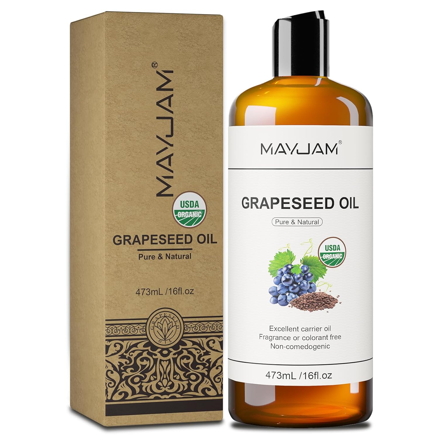 Organic Grapeseed Oil 16Oz: 100% Pure&Natural ColdPressed Carrier Oil USDA Certified Grape Seed Extract HexaneFree Unscent Liquid Moisturizer,Massage Body Face Oil for Women&Men Face Skin&Hair