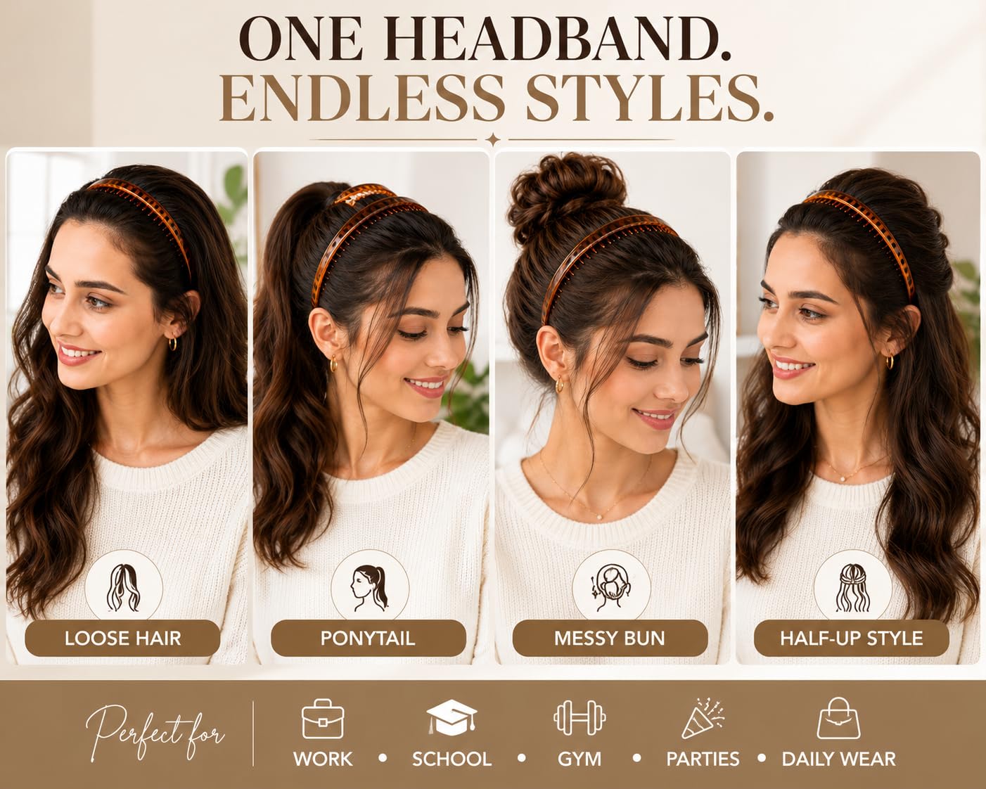 BAKEFY- 2 Pcs Comb Plastic Headband for Women Girls, 2 Pack Teeth Hair Band, Hair Hoop Headband, Non Slip Hair Accessories, Fashion Hair Band for Daily Wear (Black & Brown) 3