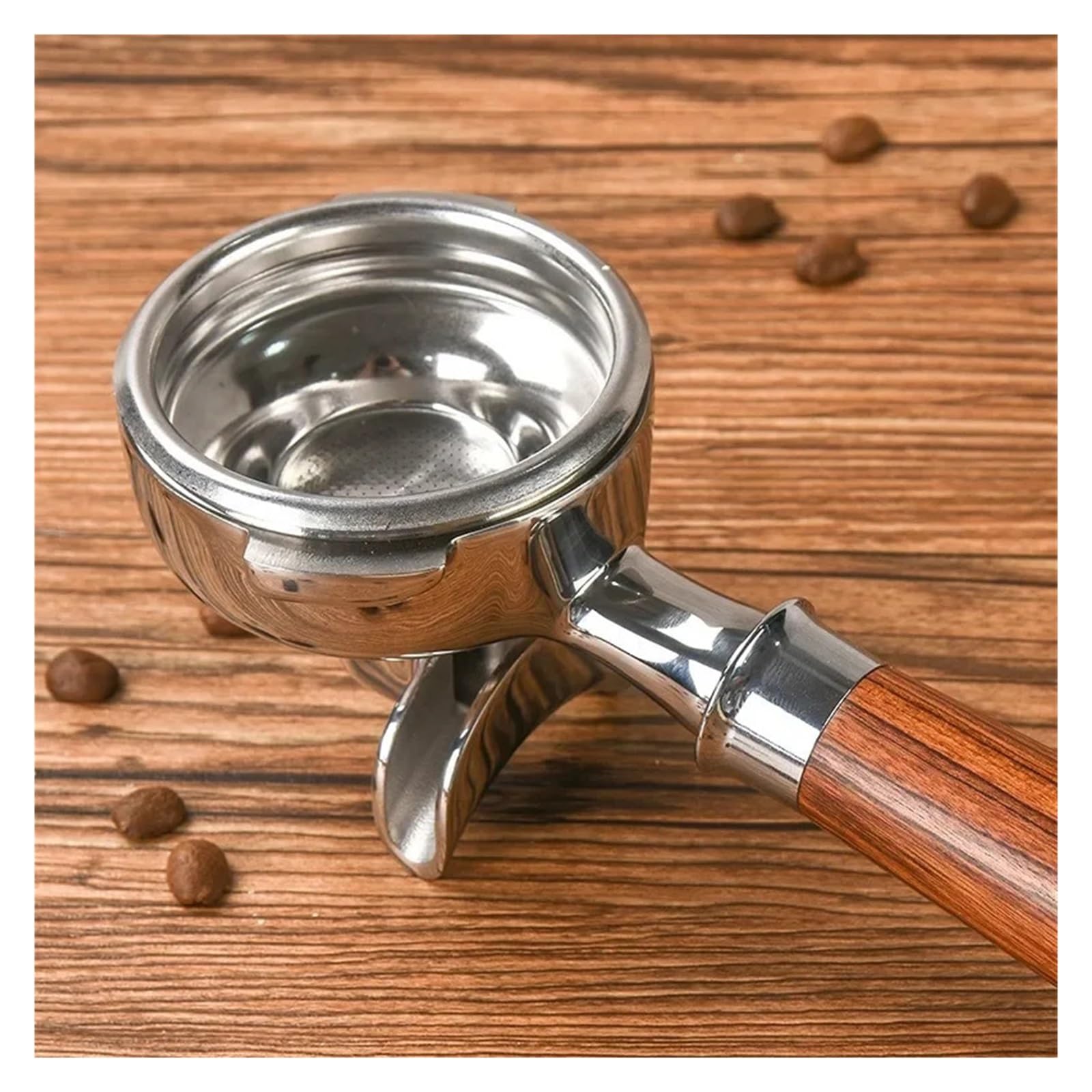 Siebträger, kompatibel mit Nuova, 58MM 2-ear Kaffeegriff | Einfach- und Doppelauslauf, Edelstahl und Holz, permanenter Filterkorb(58mm-single mouth-B)