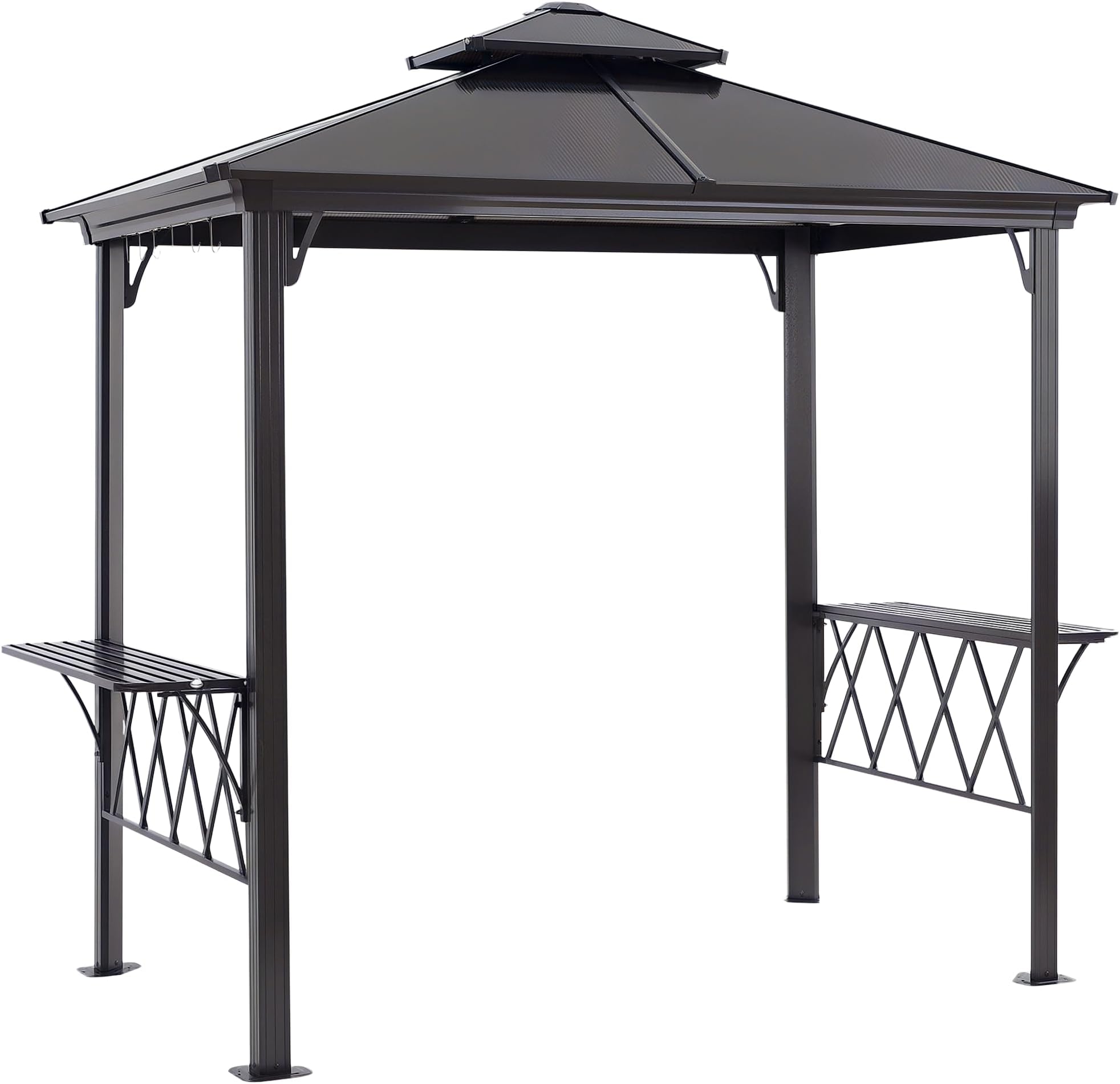 Outsunny 9' x 5' Grill Gazebo, Hardtop BBQ Gazebo Canopy with 2-Tier Polycarbonate Roof, Shelves Serving Tables and Hooks, for Backyard Patio Lawn