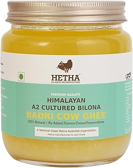 Hetha Organics Himalayan Pahadi/Badri Desi Cow Bilona A2 Cultured Ghee Made In Brass Utensil (Peetal Kadhai) Single Origin – 500ml