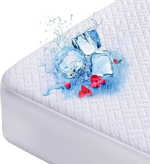 Hanherry Cooling Waterproof Mattress Protector Queen Size - 3D Air Fabric, Breathable Noiseless Cover, Fits 8-21" Deep Pocket