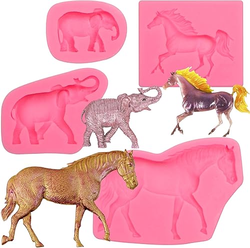 Moldes para fondant de caballo, 4 paquetes, moldes de silicona de chocolate con elefante para decoración de pasteles de caballos, vaqueros,