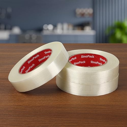 Miniatura 9 de Paquete de 3 cintas de fleje de filamento mono de 5.5 mil x 1 pulgada x 50 yardas, cinta transparente reforzada con fibra de vidrio resistente