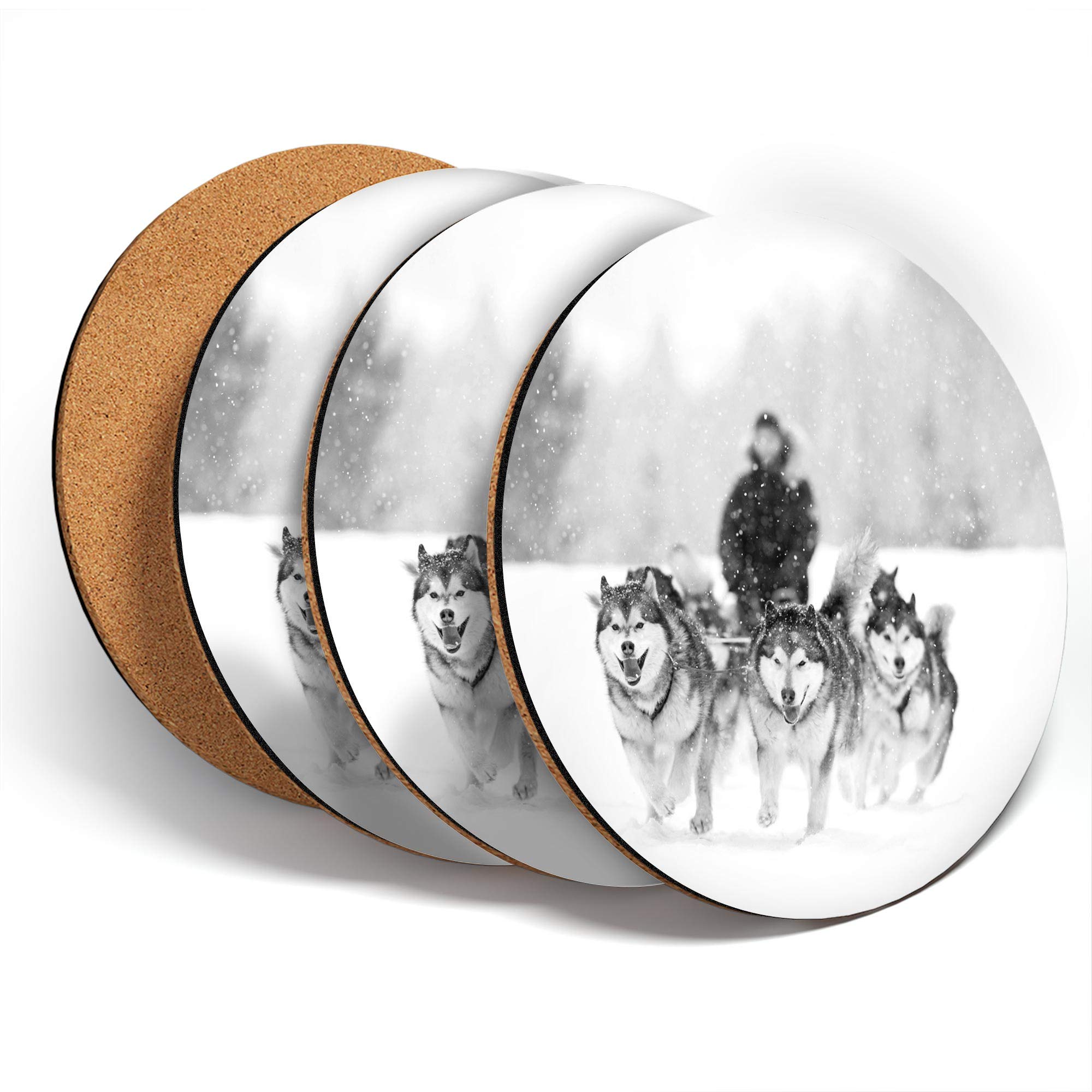 Destination Vinyl Ltd Multicolor Great Coasters (Set Of 4) Round - Bw - Husky Sled Dogs Dog Austria Drink Glossy Coasters/Tabletop Protection For Any Table Type #39173