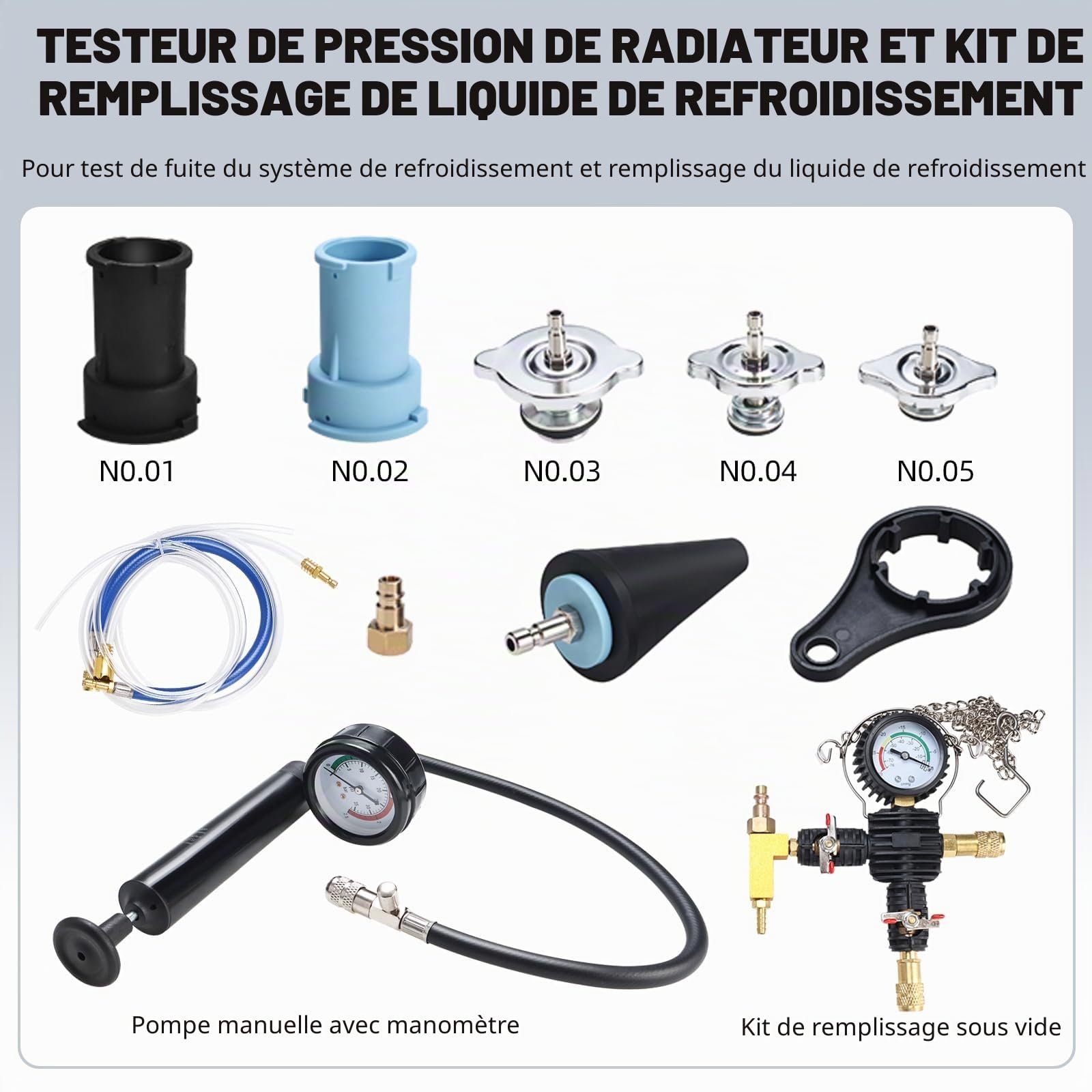 FreeTec 28pcs Testeur Systeme de Refroidissement, Kit Testeur Pression Radiateur, Universels Test Fuite et Purgeur pour Liquide Refroidissement, Appareil Test Radiateur avec Pompe et Adaptateur