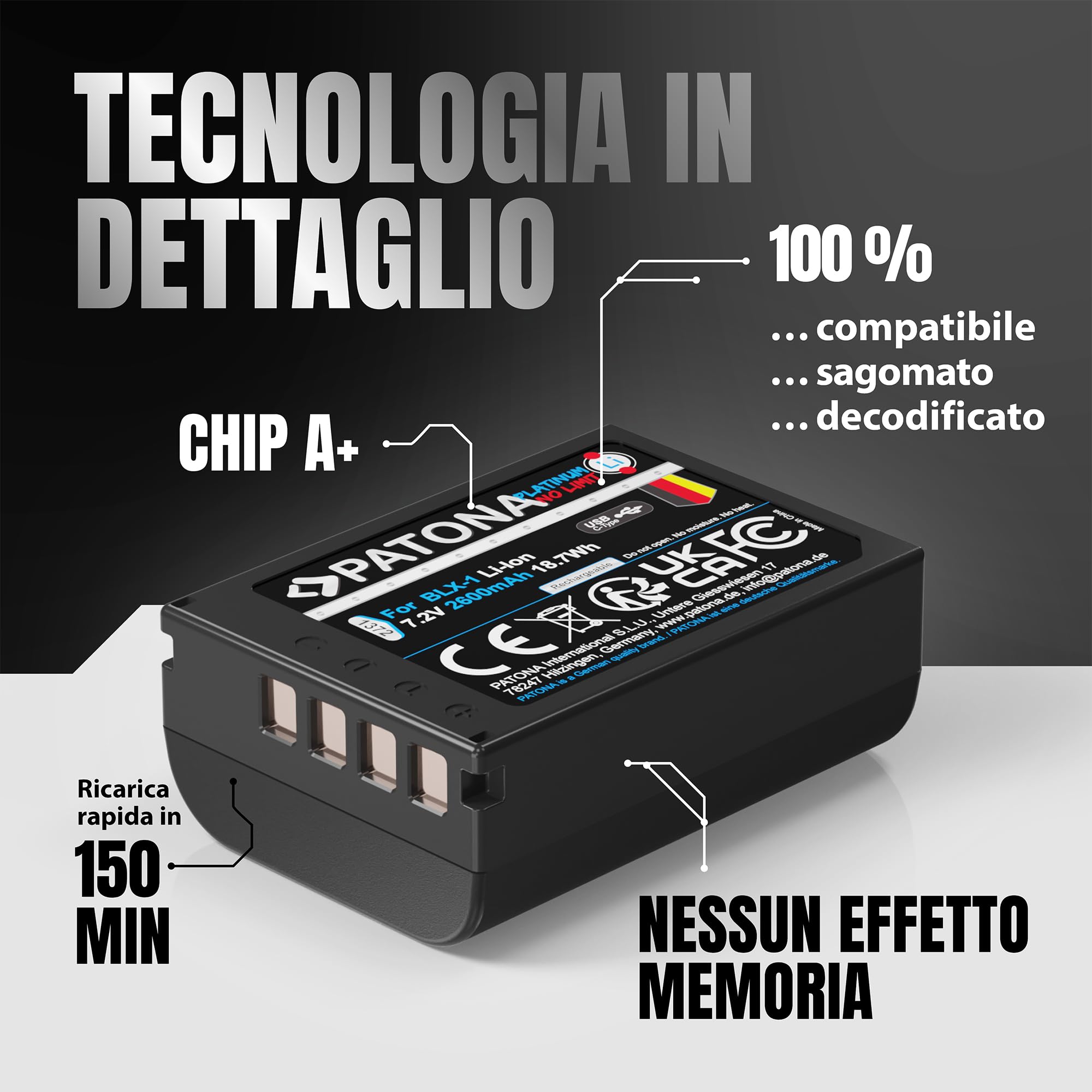 PATONA 1372 Platinum Batteria BLX-1 con ingresso USB-C, 2600mAh 7.2V | Batteria di ricambio da 18.7Wh compatibile con Olympus OM-1 OM-3, sostituisce i modelli BLX1 BL-X1 BL X1