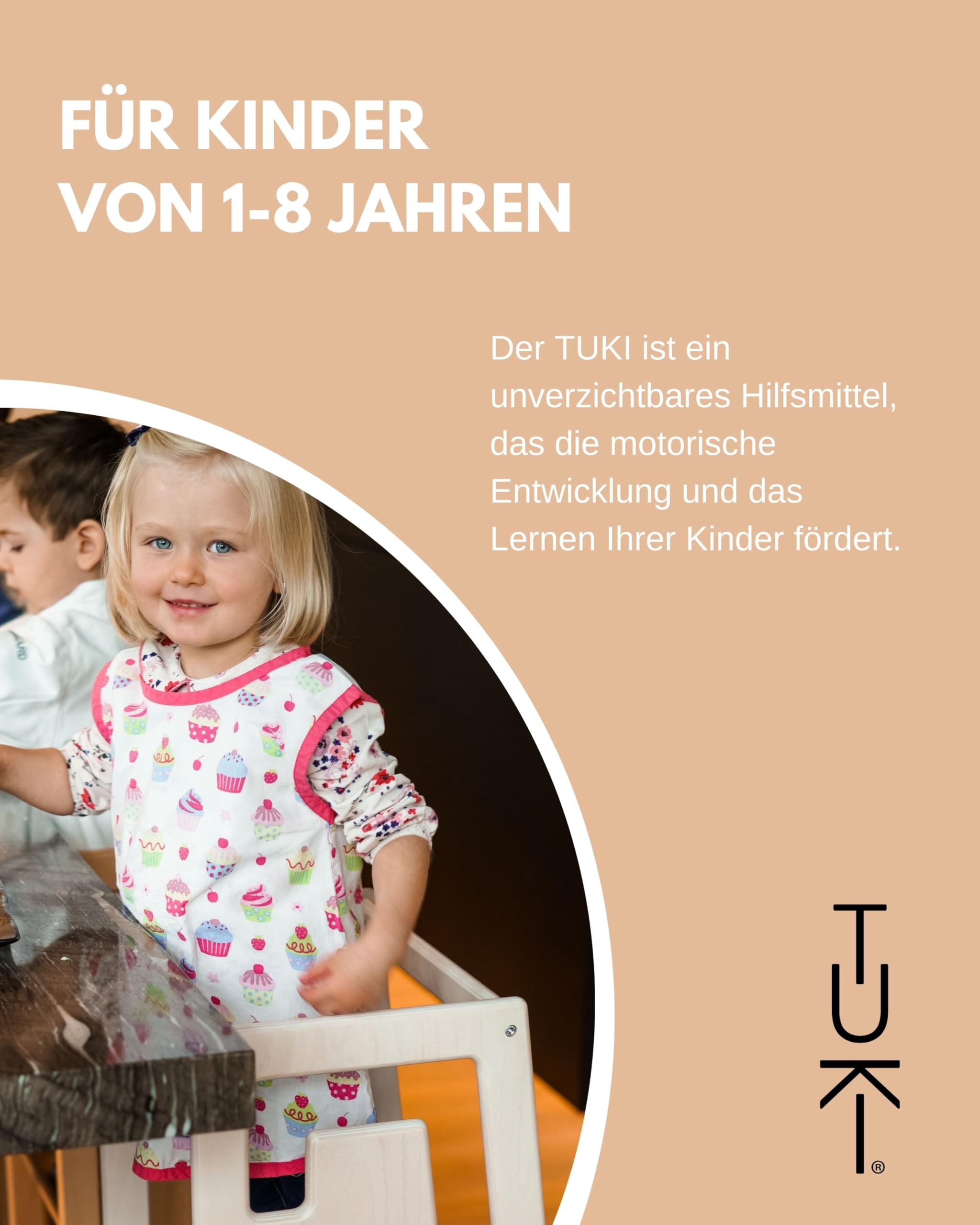 Tuki Lernturm ab 1 Jahr für Kinder Nature | Höhenverstellbar, hohe Standsicherheit, ergonomisches Design | Langlebiger Montessori Learning Tower hilft bei Motorik & Lernen