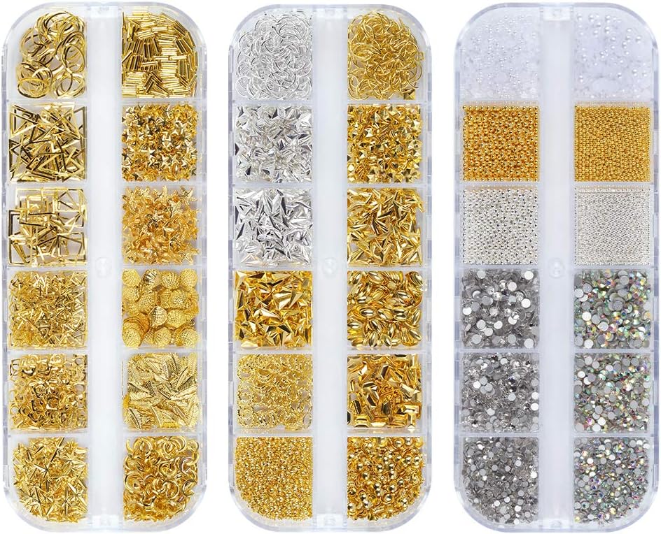 36 Grids Nail Studs Gold Metal Nail Art Rivets Star Moon Beads 3D Nail Charms Rivet Punk Jewels Nail Art Supplies for Manicure DIY Nail Crafts Decoration 3 Boxes