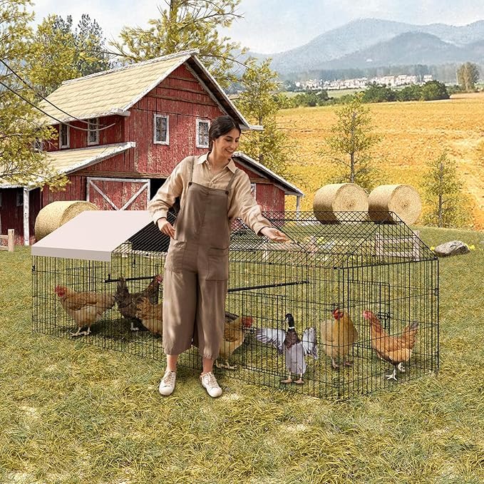 Gallinero de metal, 329 x 100 x 100 cm, gallinero para patio con cubierta impermeable, gallinero portátil al aire libre con 4 puertas, 1 ventana, gallinero para animales pequeños, pato, conejo, pollo