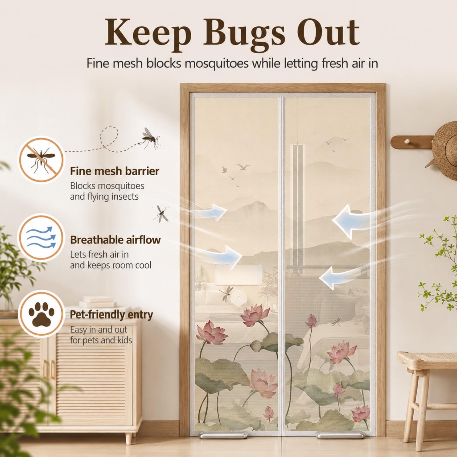 Hiseng Mosquitera Puerta Magnética, Malla de Tejido Fino, Mosquitera para Puerta con Imanes Potentes, Instalación Sin Taladro, Malla Transpirable y Antidesgarro (Estilo de jardín B,100x210cm)