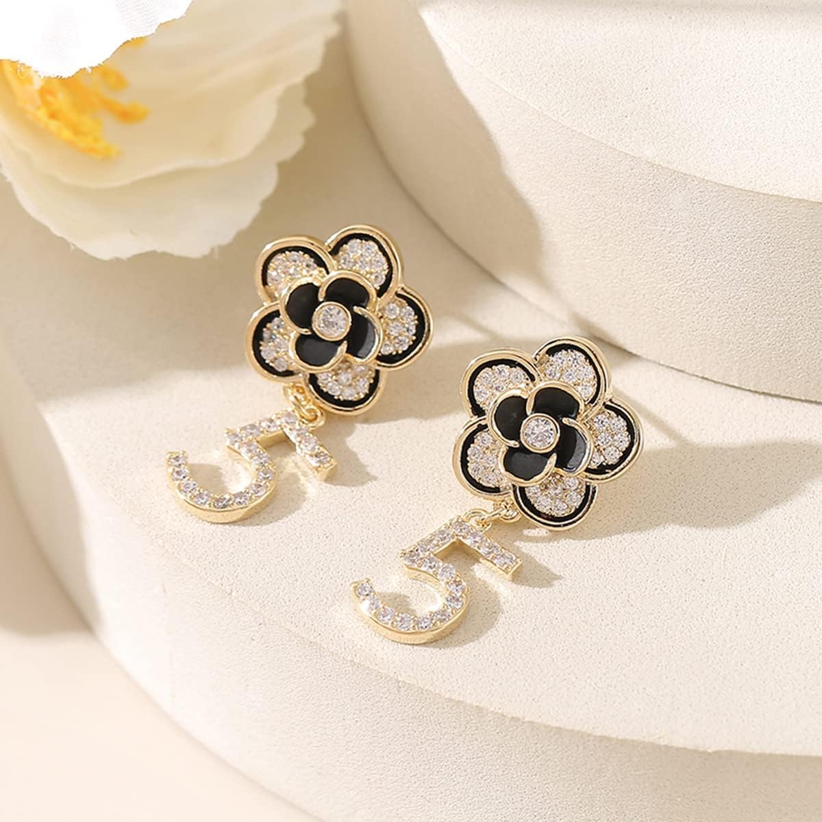 Celebrity Designer Elegant Rhinestone Dangle Drop Luxury Camellia Black Number 5 Earrings Valentine's Day Gift - Image 4