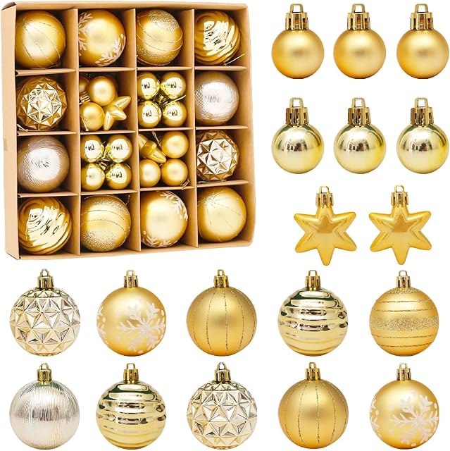 Adisno 42 PCS Christmas Tree Baubles, Christmas Balls Decorations, Shatterproof, Christmas Tree Decorations Balls for Xmas Tree Wedding Party Festival Decor (Golden)