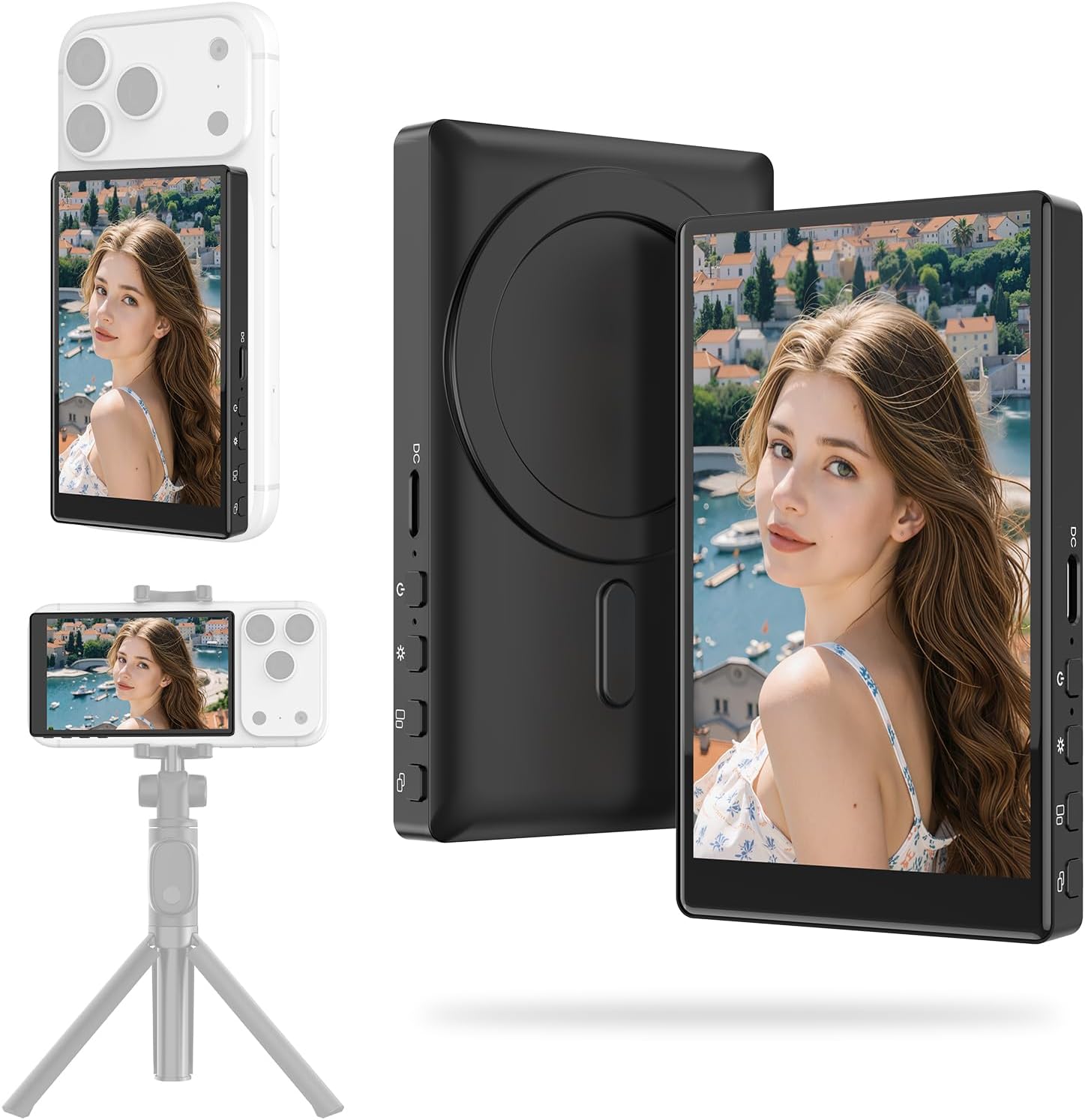 Vlog Screen Selfie Monitor,Wireless Mini Monitor for iPhone/Android Rear Camera with Magnetic Phone Clip Mount,Phone Rear Camera for Selfie Vlog Live Streaming on TikTok,YouTube,Instagram（Black）