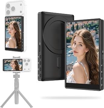 Vlog Screen Selfie Monitor, Wireless Mini Monitor for iPhone/Android with Magnetic Phone Clip Mount, Phone Rear Camera for TikTok, YouTube, Instagram Black