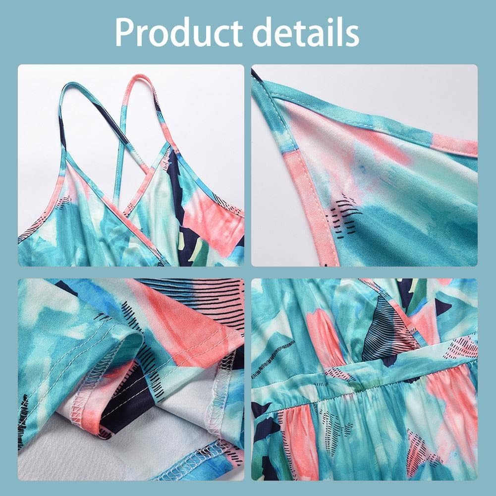 Women's Printed Dress Bohemian Floral Sling Long Dress V-Neck Spaghetti Strap Maxi Dress Lake Blue