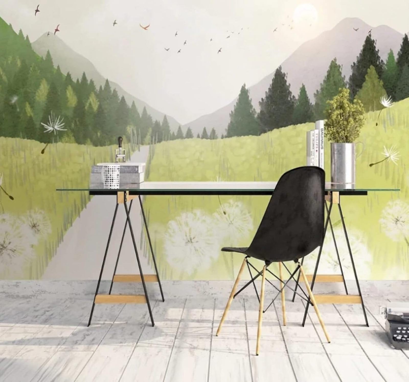 Wallpaper-3D-Xlm 350Cm×256Cm(B×H) Hand Drawn Fresh Mountains Forest Landscape 3D Wallpaper Easy Install Feature Office Living Room Sofa Bedroom Tv Background Wall Decoration-350Cm×256Cm