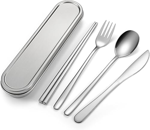 Juego de cubiertos de viaje, cubiertos de acero inoxidable 188, juego de utensilios reutilizables con estuche, lonchera portátil para acampar y